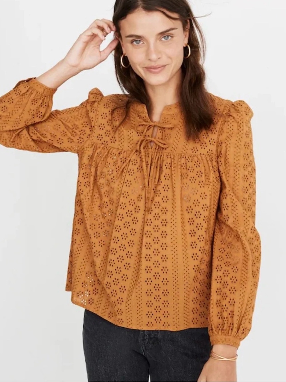 Madewell Eyelet Double-Tie Peasant Top in Carrot Cake size medium
